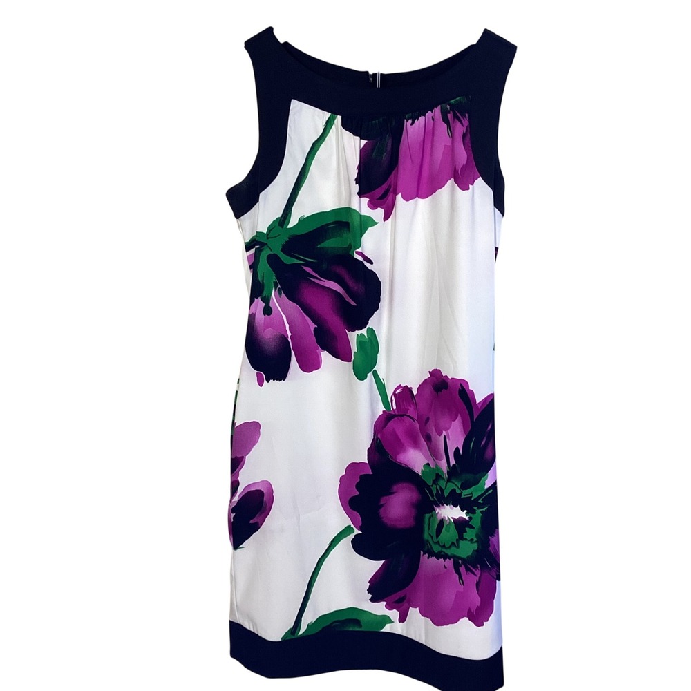 Alyx Dress Womens Size 6 Floral Sleeveless Sheath Dress Purple White Black Trim